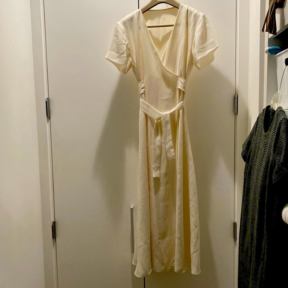 Custom made ivory double layered georgette with French seams wrap dress